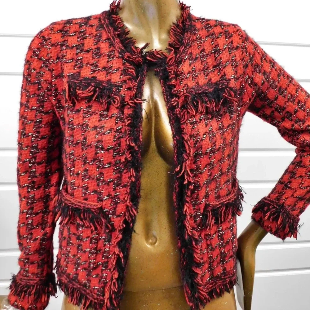 Zara Red Black Silver Fringe Knit Open Jacket sz S